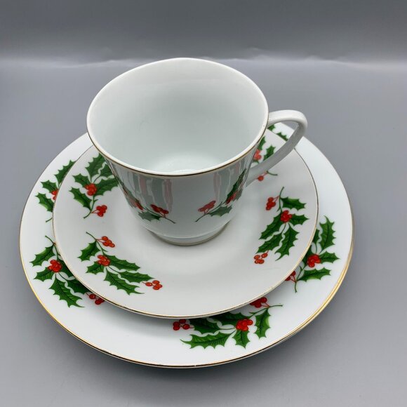 Set of White with Green Holly and Red Berries Cup & Saucer and 2 Dessert Plates - Picture 3 of 9